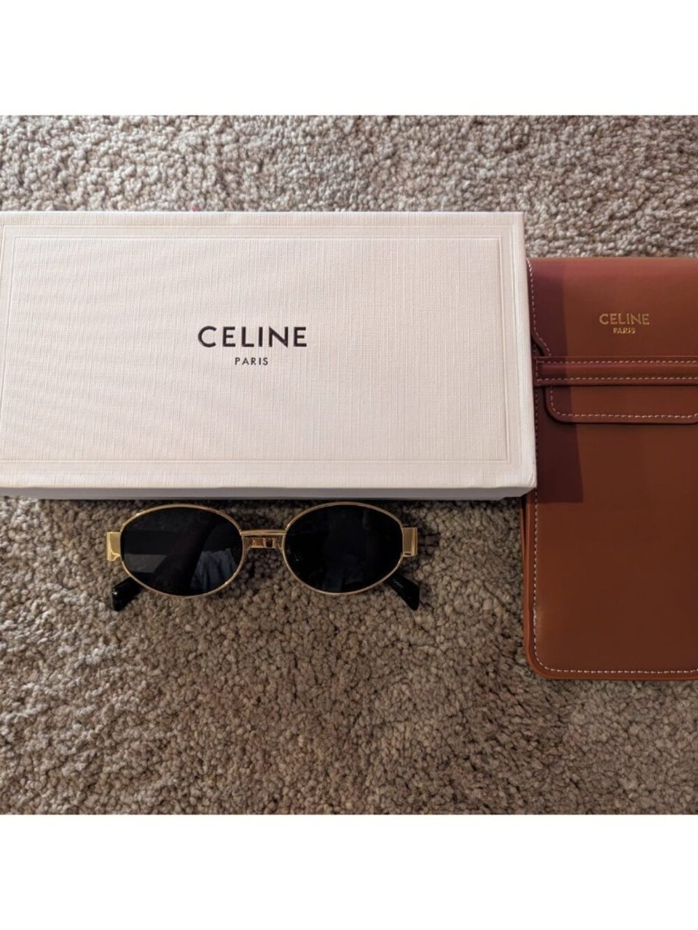 CELINE Paris Oval Sunglasses Silver Frame Black Lenses With Leather Case And Box